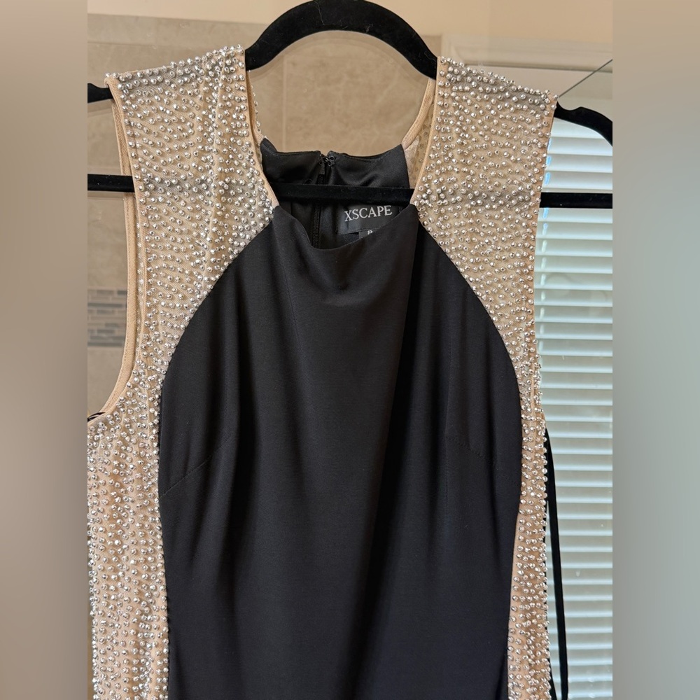 Xscape Black and Nude Beaded Sleeveless Tunic